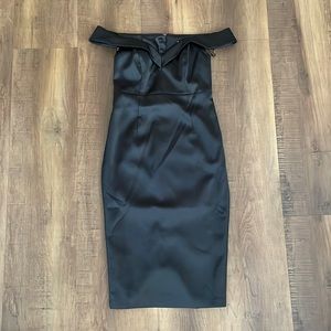Black satin off the shoulders cocktail dress